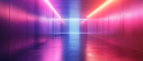 Neon Lights Illuminate Empty Corridor  with Glowing Pink and Blue Colors, Neon Lights Illuminate Empty Corridor  with Glowing Pink and Blu