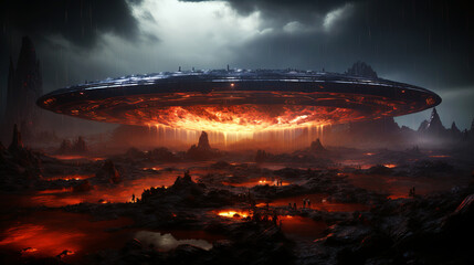 An alien spacecraft discovered deep within a remote asteroid field. UFO hovering over the scorched rocky landscape.