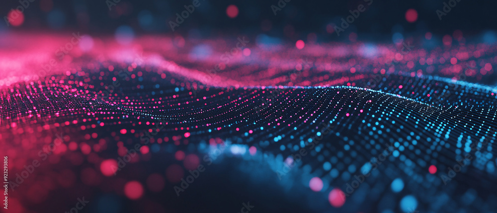 Poster abstract digital wave pattern with red and blue glowing dots