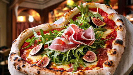 Heart-shaped gourmet pizza topped with fresh arugula, prosciutto, figs, and melted cheese, perfect for Valentine's Day or romantic dining. 