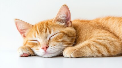 Orange cat sleeping, total exhausted, on white isolated background.