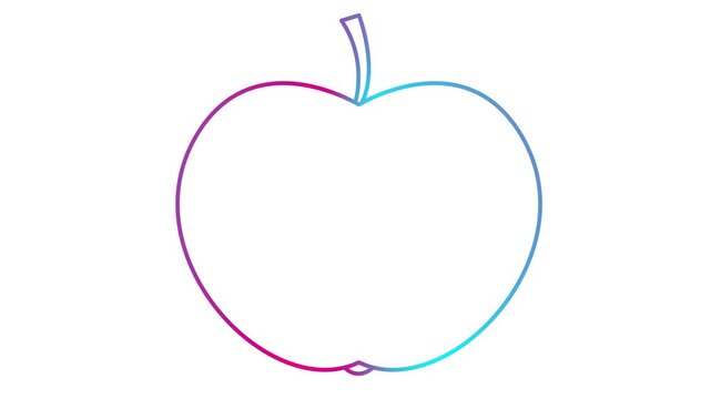Animated pink blue linear apple is drawn. Line symbol of fruit. Concept of organic food, diet, health, nutrition, harvest. Looped video. Vector illustration isolated on white background.