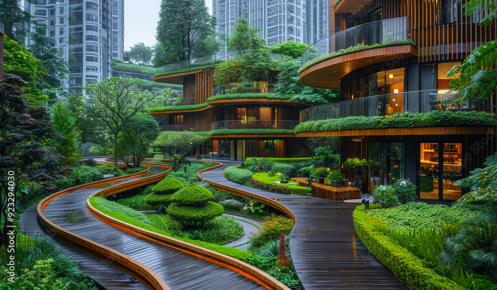 Poster a walkway with a path of trees and bushes leading to a building