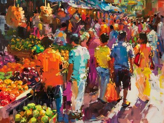 Naklejka premium 4 Frantic crowd in bustling market dynamic colors bold strokes