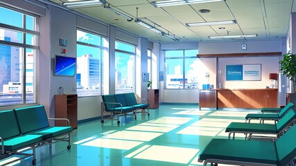 Obraz premium anime style urban hospital waiting room interior for b background