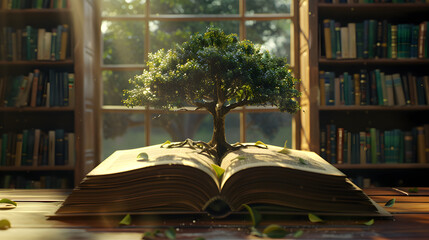 Tree Growing from Open Book in Sunlit Library