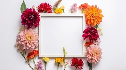 Mockup of picture frame decorated with spring flowers clean space for text on white background