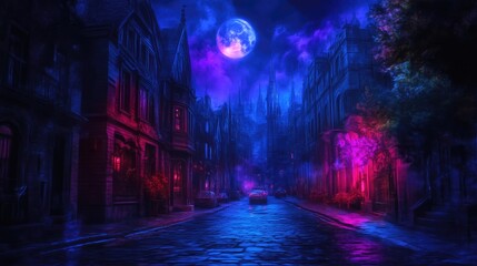 Mystical Urban Streets Under a Crescent Moon