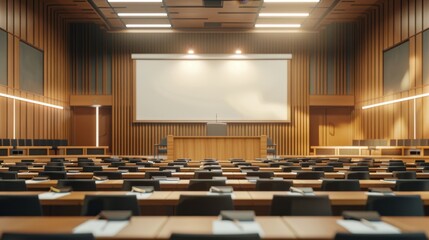 Dynamic Classroom Setup Podium Laptop and Projector Screen Await Engaged Participants in Empty Lecture Hall