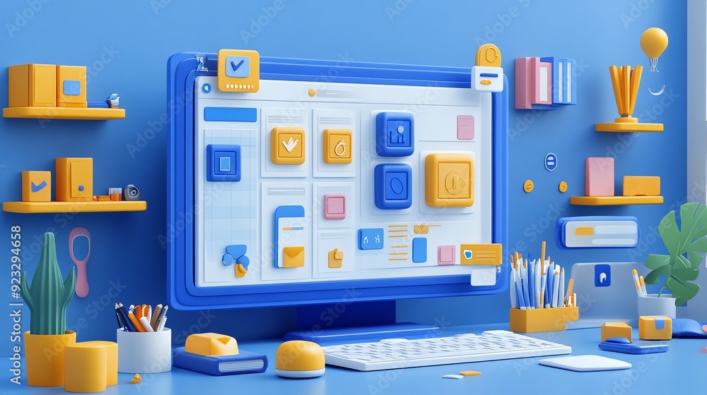 Aufkleber Modern Desktop Workspace with Computer and Colorful Icons.