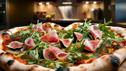 Heart-shaped gourmet pizza topped with fresh arugula, prosciutto, figs, and melted cheese, perfect for Valentine's Day or romantic dining. 
