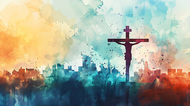 Silhouette of jesus christ on the cross above a city skyline, representing faith, hope, and salvation