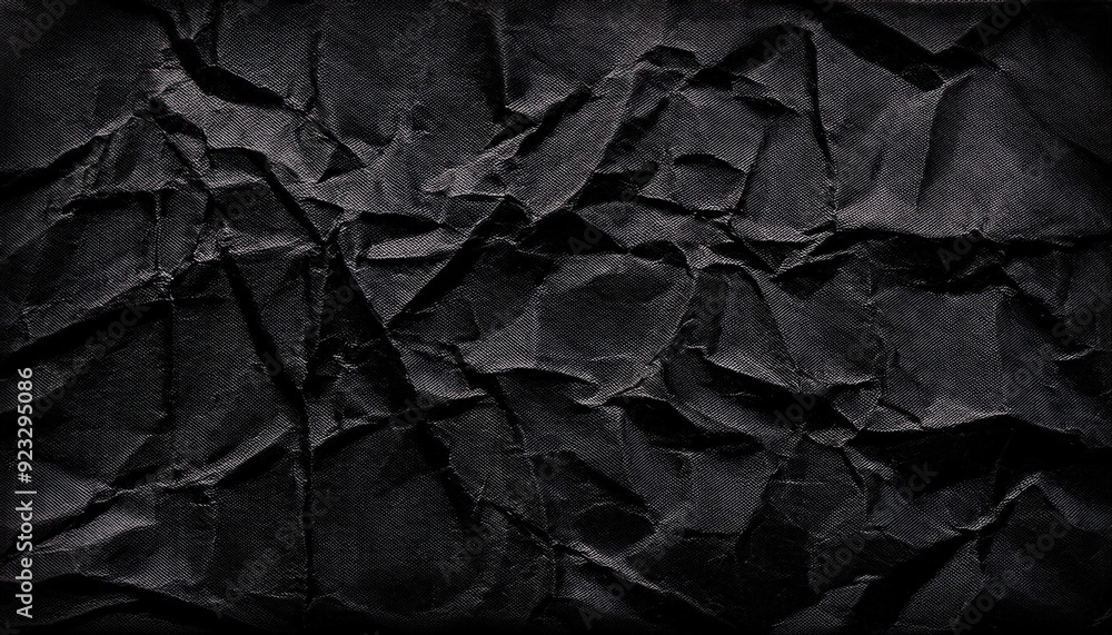 Poster close-up of textured black wrinkled paper background. crumpled surface with deep shadows and fine de