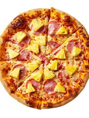 13 Hawaiian pizza with ham and pineapple white background bird's-eye view
