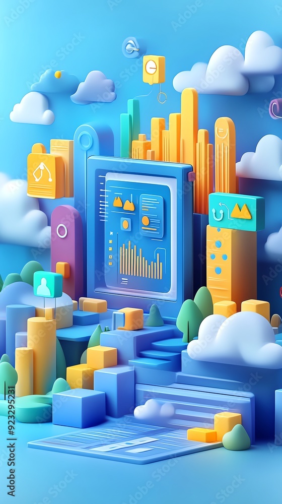 Poster 3D Abstract Cityscape with Data Visualization.