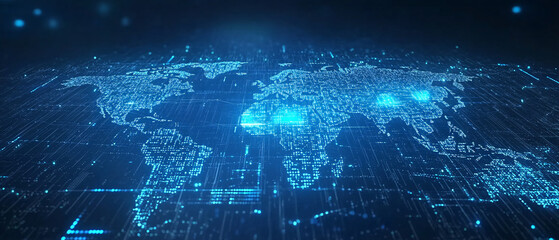 Digital World Map Illustration with Glowing Lights and Circuitry