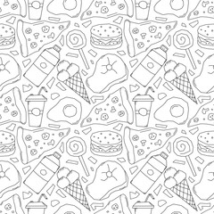 Seamless fast food pattern. fast food background. Doodle fastfood icons. Drawn food pattern