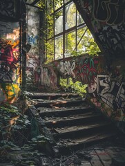 16 Abandoned building with anime graffiti wild overgrowth sunset eerie wide angle