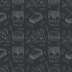 Seamless fast food pattern. fast food background. Doodle fastfood icons. Drawn food pattern