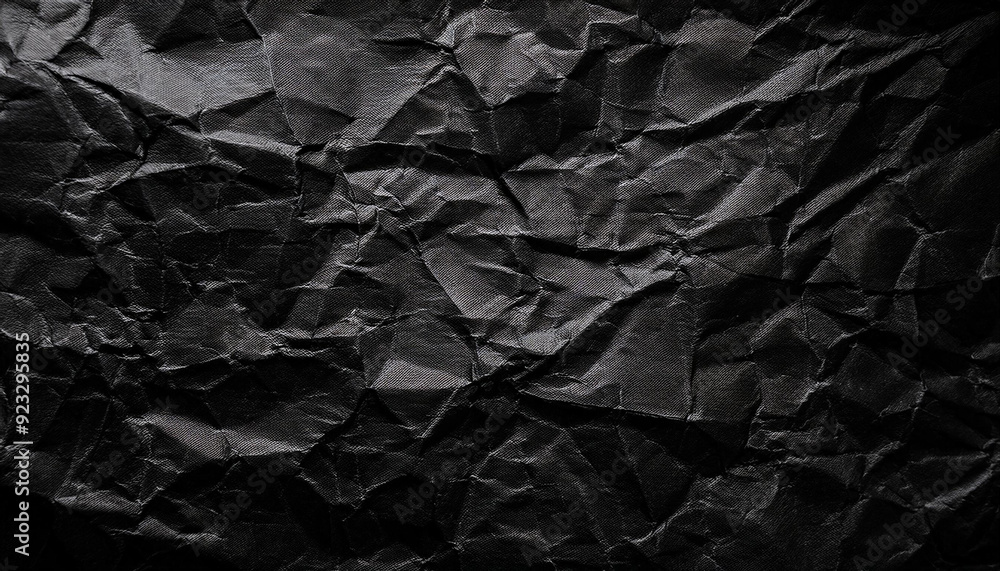 Poster close-up of textured black wrinkled paper background. crumpled surface with deep shadows and fine de
