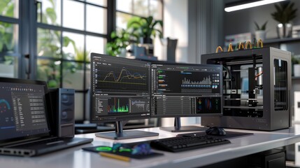 CuttingEdge Technology Engineers' Dual Monitor Workstation with 3D Printer and Professional Tools