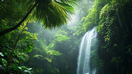 tropical rainforest landscape forest scenic with jungle tree in green nature beautiful wild wood foliage plant over the mountain leaf with rain water environment park background for travel