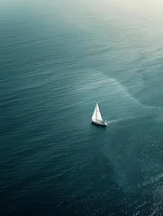 Fotobehang 21 Solitary sailboat on vast ocean negative space bird's-eye view © SteadFast