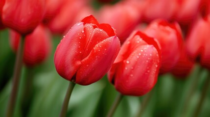 Red Tulips Glowing with Morning Dew