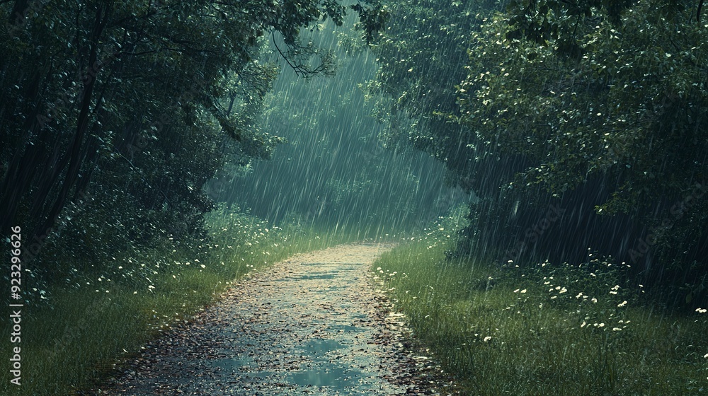 Poster a crisp and detailed photo of a forest path with rain gently falling, creating a serene and peaceful