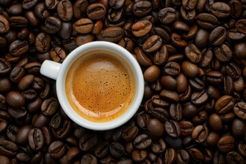 Fototapeta premium Cup of freshly brewed coffee surrounded by a sea of roasted coffee beans. The rich, dark tones emphasize the coffee's aroma and warmth.