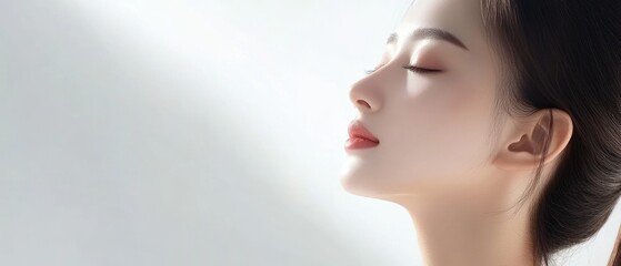 Fototapeta premium Side view Beautiful Young asian Woman with Clean Fresh Skin, on white background, Face care, Facial treatment. Cosmetology, beauty and spa