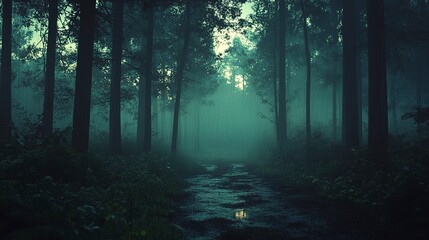 Obraz premium A forest at dusk, with the last light of day filtering through the rain and trees, creating a moody atmosphere.