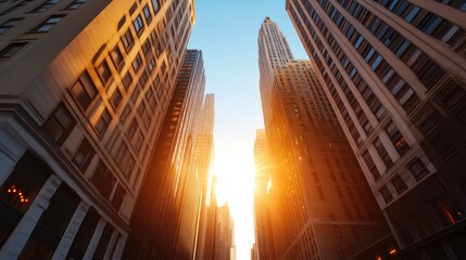 Urban Skyline at Dusk with High-Rise Towers and Sunlight