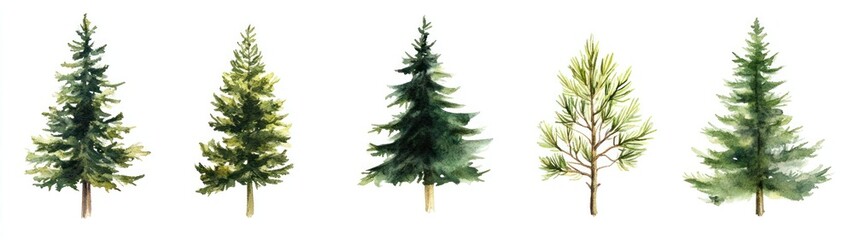 Watercolor Illustration of Five Evergreen Trees