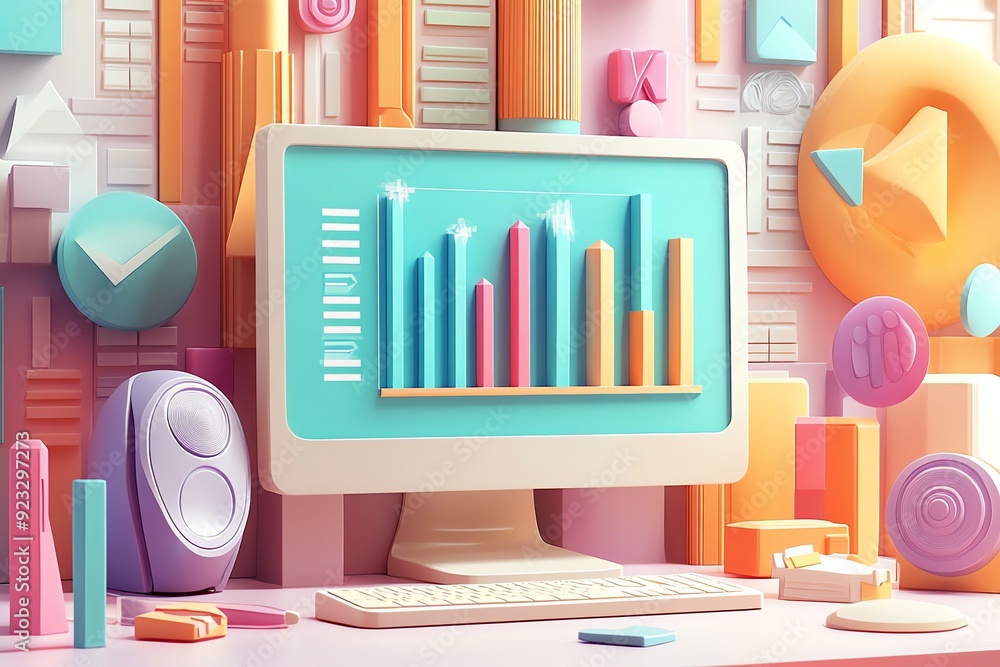 Fototapete 3D illustration of a desktop computer with a chart on the screen.