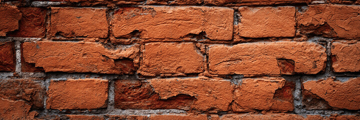 Old red brick wall. The texture of weathered grungy brickwork. Wide panoramic background with masonry.