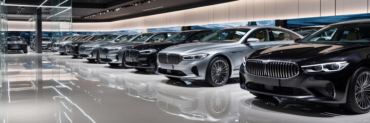 Sleek lineup of modern luxury vehicles is displayed in sophisticated car showroom