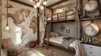 Adventure Awaits Explorer's Dream Bedroom with Loft Bed World Map Binoculars and Compass