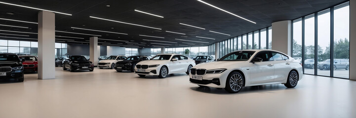 Sleek car showroom displaying several modern vehicles arranged neatly in bright surroundings