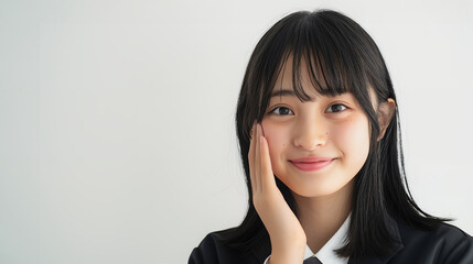 顔に手を当てて考える女子生徒