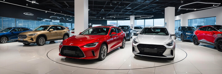 Brightly lit showroom displaying variety of modern cars in dynamic arrangement