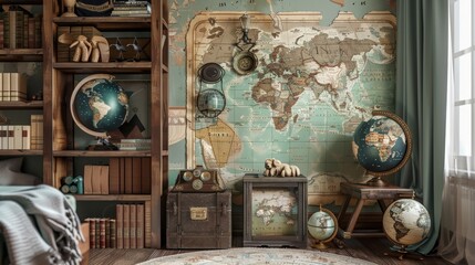 Discover the World Vintage Explorer's Room with Map Binoculars and Globes