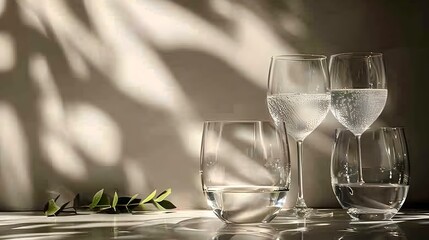 Sparkling Water in Glasses with Sunlight and Shadows.