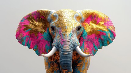 Colorful Artistic Elephant Portrait with Vibrant Patterns and Golden Details on a Neutral Background