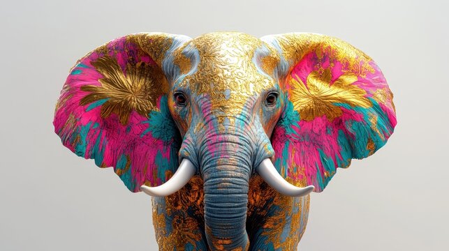 Colorful Artistic Elephant Portrait with Vibrant Patterns and Golden Details on a Neutral Background