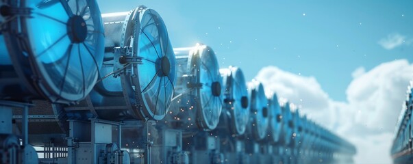 Direct air capture devices in operation, clear sky background, emphasis on climate change mitigation