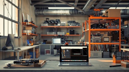 Fototapeta premium Digital Innovation Modern Industrial Workshop with CAD Prototypes and Drafting Tools