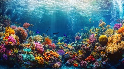 Obraz premium A vibrant coral reef with diverse marine life swimming among colorful corals