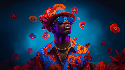 Modern pop art portrait of handsome African man in blue sunglasses and hat on floral background. Contemporary drawing painting poster of stylish fashion people in vintage retro style