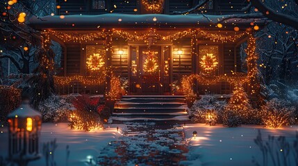 Obraz premium illuminated,decorated porch of american house winter holiday new year christmas concept generative ai.